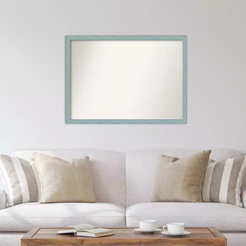 Specchio da parete rettangolare rustico in legno azzurro cielo, 102 x 74 cm, hardware di montaggio incluso