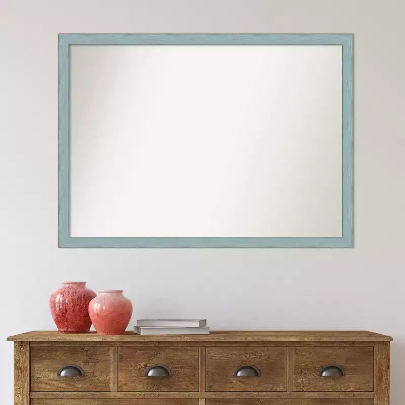 Specchio da parete rettangolare rustico in legno azzurro cielo, 102 x 74 cm, hardware di montaggio incluso