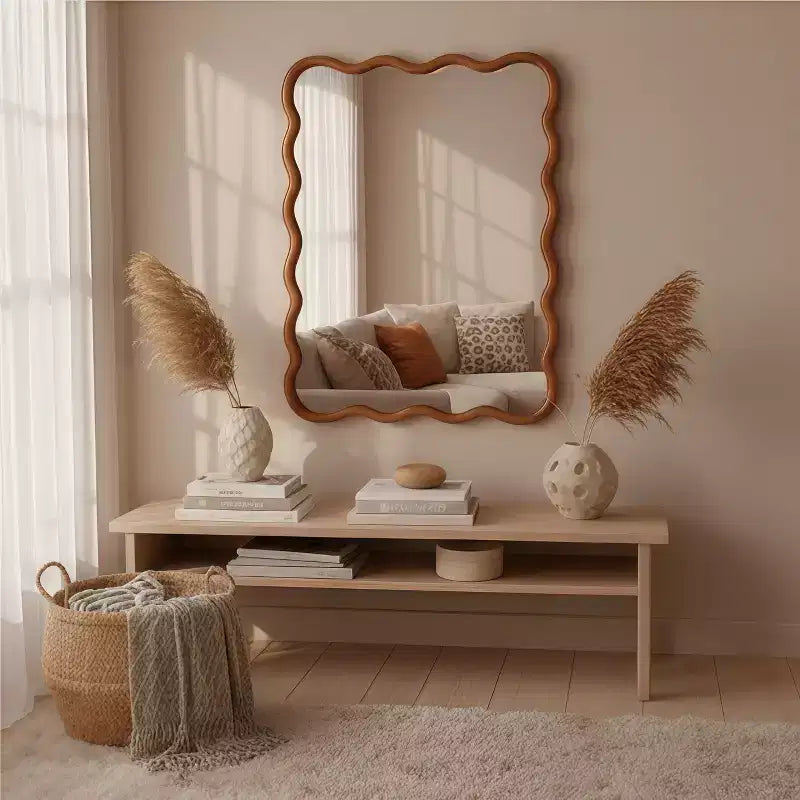 Specchio decorativo con cornice in legno massiccio a rettangolo ondulato 30" x 40" per camera da letto e bagno