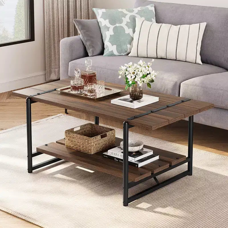 Tavolino da caffè doppio a ripiani "Farmhouse" da 41 pollici con ripiani portaoggetti, tavolino rettangolare moderno rustico in metallo per soggiorno, mobili decorativi