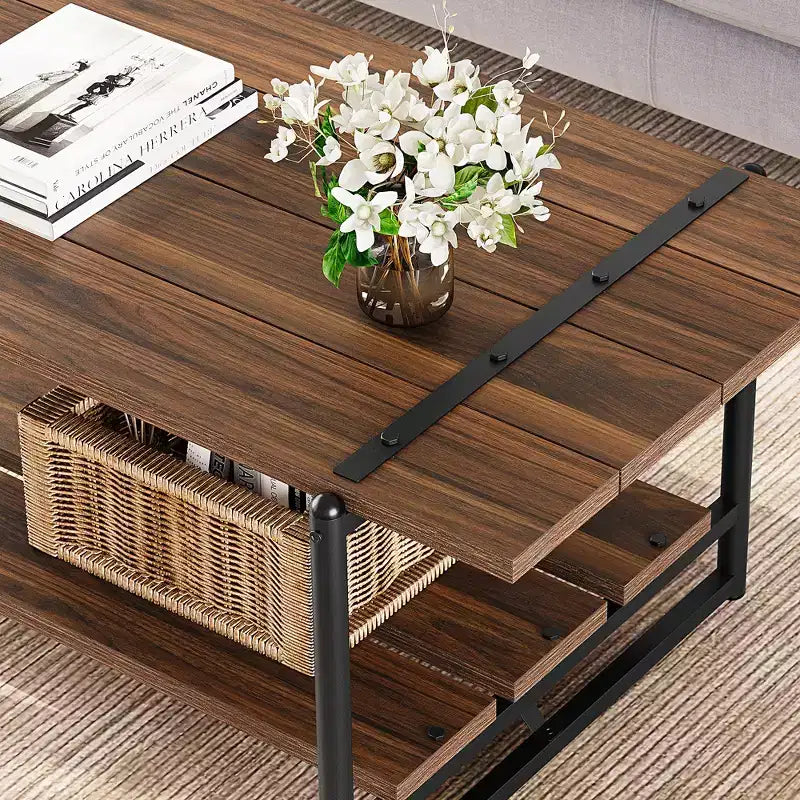 Tavolino da caffè doppio a ripiani "Farmhouse" da 41 pollici con ripiani portaoggetti, tavolino rettangolare moderno rustico in metallo per soggiorno, mobili decorativi
