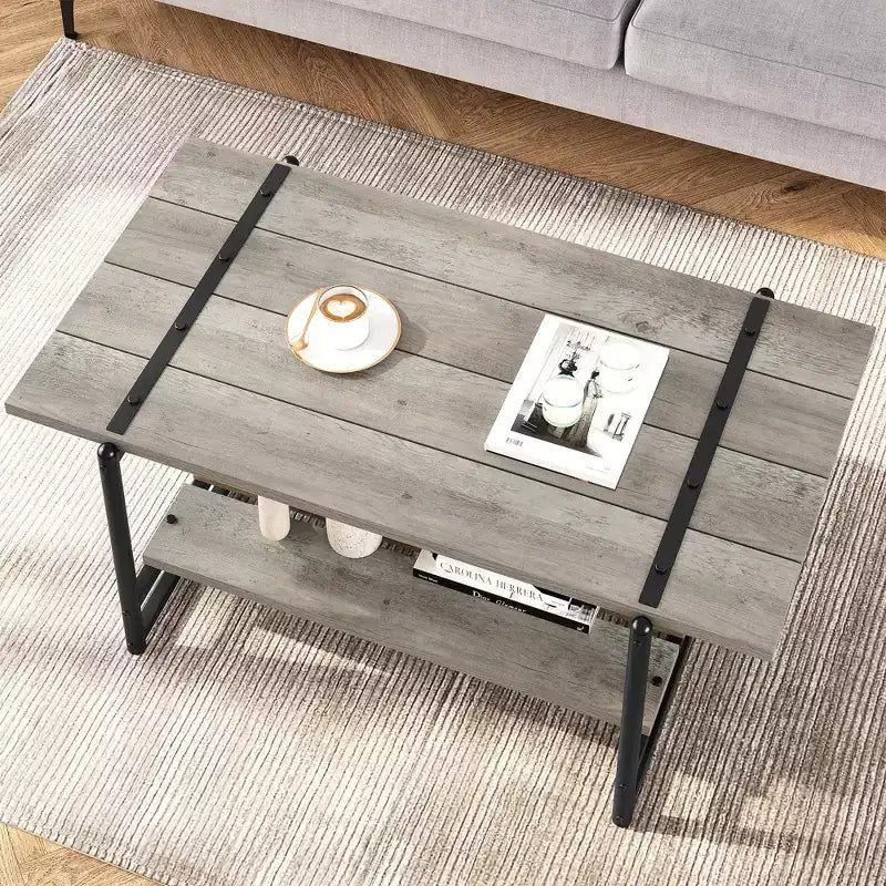 Tavolino da caffè doppio a ripiani "Farmhouse" da 41 pollici con ripiani portaoggetti, tavolino rettangolare moderno rustico in metallo per soggiorno, mobili decorativi