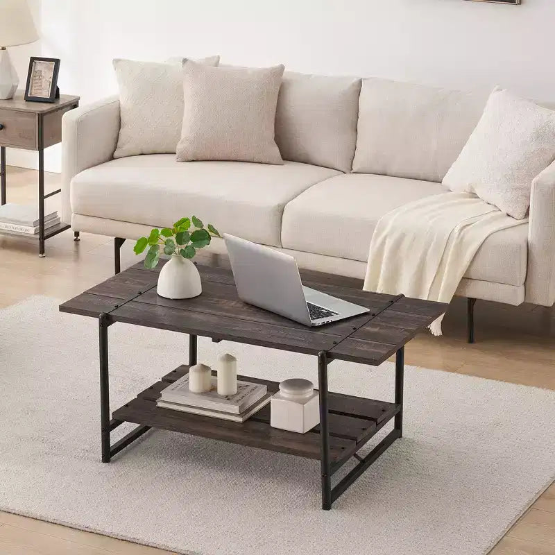 Tavolino da caffè doppio a ripiani "Farmhouse" da 41 pollici con ripiani portaoggetti, tavolino rettangolare moderno rustico in metallo per soggiorno, mobili decorativi