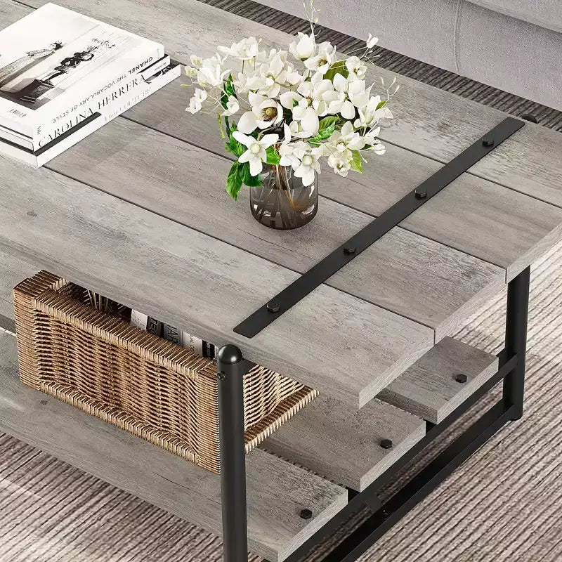 Tavolino da caffè doppio a ripiani "Farmhouse" da 41 pollici con ripiani portaoggetti, tavolino rettangolare moderno rustico in metallo per soggiorno, mobili decorativi