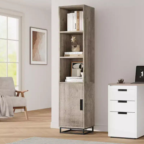 70-inch high storage cabinet with metal frame base and adjustable shelves, open freestanding storage cabinet for bathroom, living room