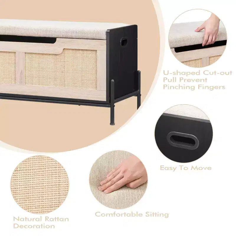 Panca contenitore in rattan con cuscino, cassapanca portagiochi con 2 cerniere di sicurezza, cassapanca portagiochi da 100 cm per camera da letto, panca contenitore, panca scarpiera, per soggiorno