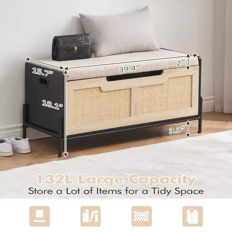 Panca contenitore in rattan con cuscino, cassapanca portagiochi con 2 cerniere di sicurezza, cassapanca portagiochi da 100 cm per camera da letto, panca contenitore, panca scarpiera, per soggiorno