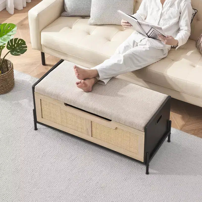 Panca contenitore in rattan con cuscino, cassapanca portagiochi con 2 cerniere di sicurezza, cassapanca portagiochi da 100 cm per camera da letto, panca contenitore, panca scarpiera, per soggiorno