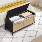 Panca contenitore in rattan con cuscino, cassapanca portagiochi con 2 cerniere di sicurezza, cassapanca portagiochi da 100 cm per camera da letto, panca contenitore, panca scarpiera, per soggiorno