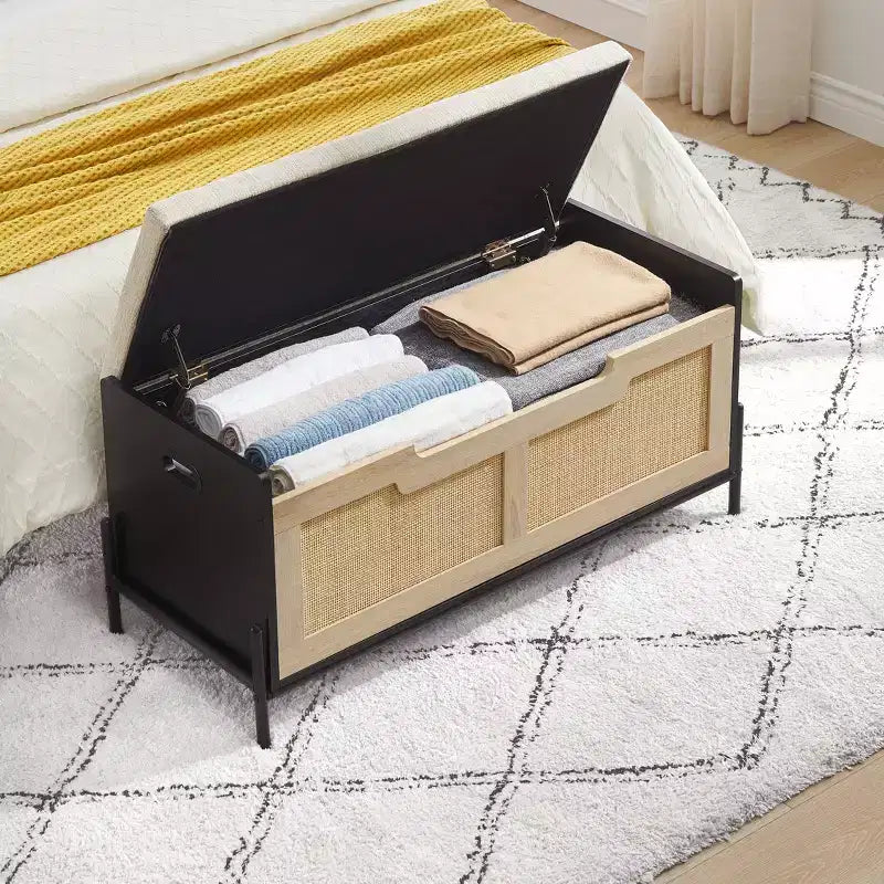 Panca contenitore in rattan con cuscino, cassapanca portagiochi con 2 cerniere di sicurezza, cassapanca portagiochi da 100 cm per camera da letto, panca contenitore, panca scarpiera, per soggiorno