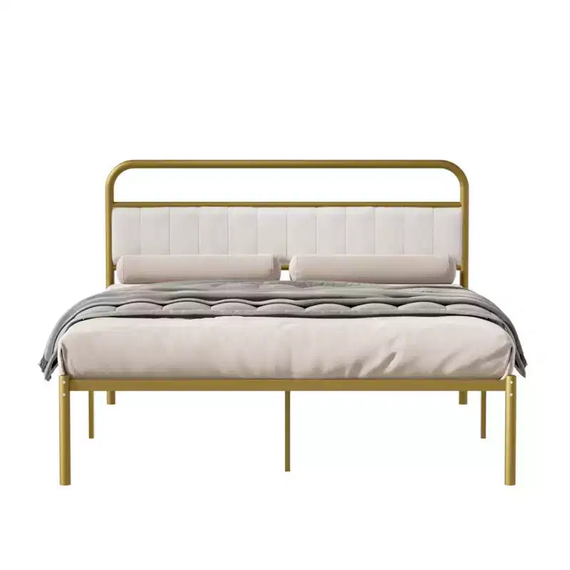 Struttura letto moderna in acciaio con testiera imbottita in lino