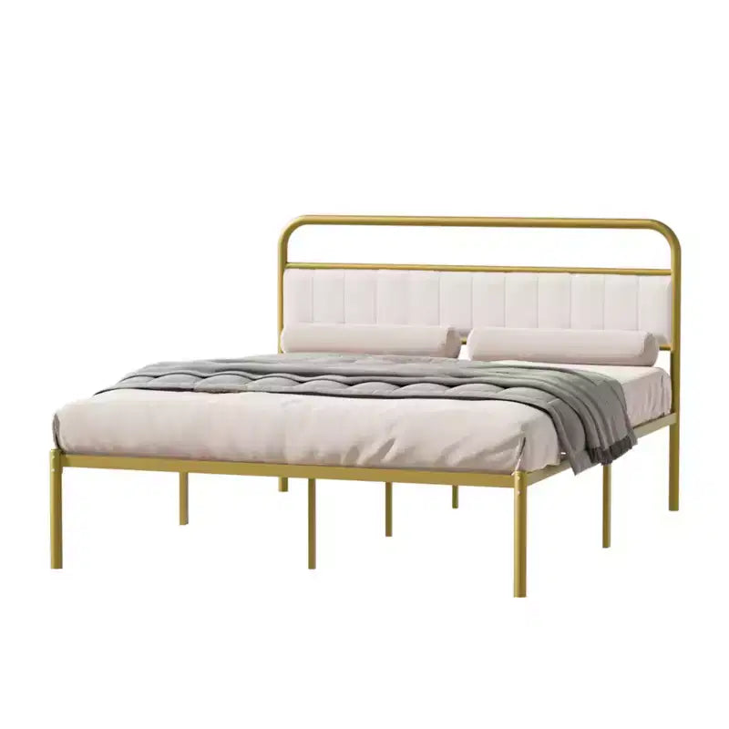 Struttura letto moderna in acciaio con testiera imbottita in lino