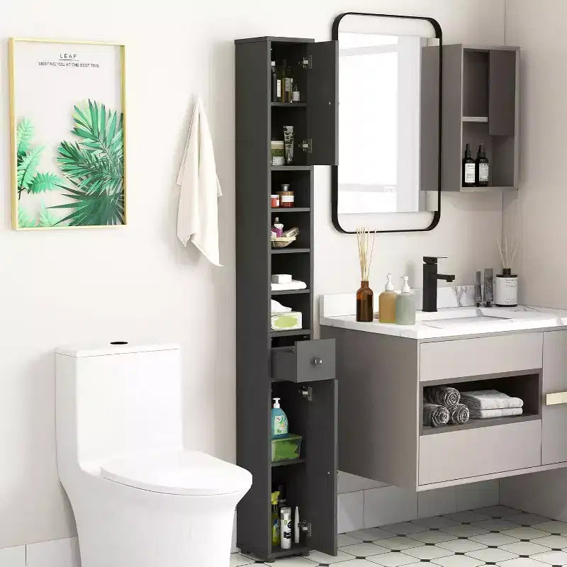 Mobiletto da bagno alto e stretto salvaspazio con cassetto e ripiani regolabili