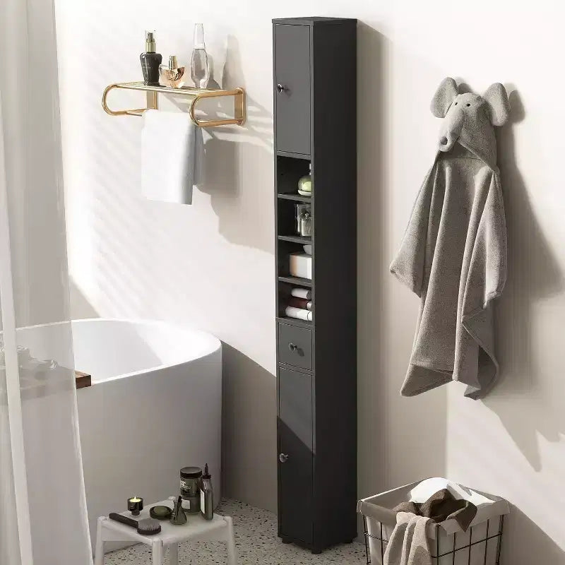 Mobiletto da bagno alto e stretto salvaspazio con cassetto e ripiani regolabili