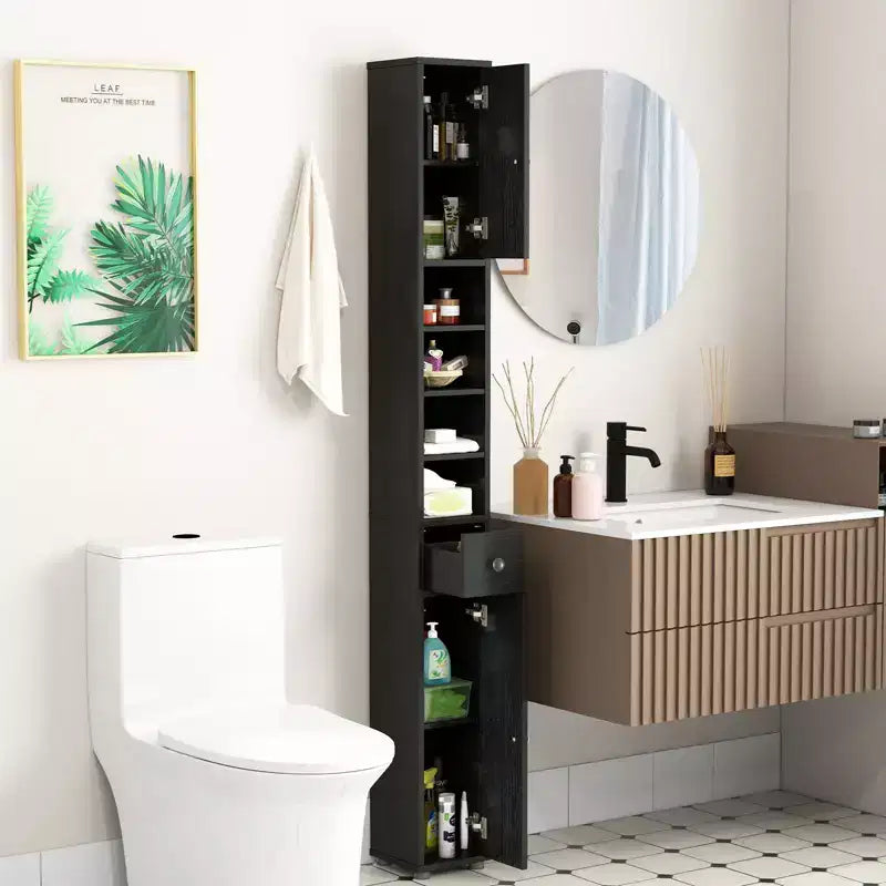 Mobiletto da bagno alto e stretto salvaspazio con cassetto e ripiani regolabili