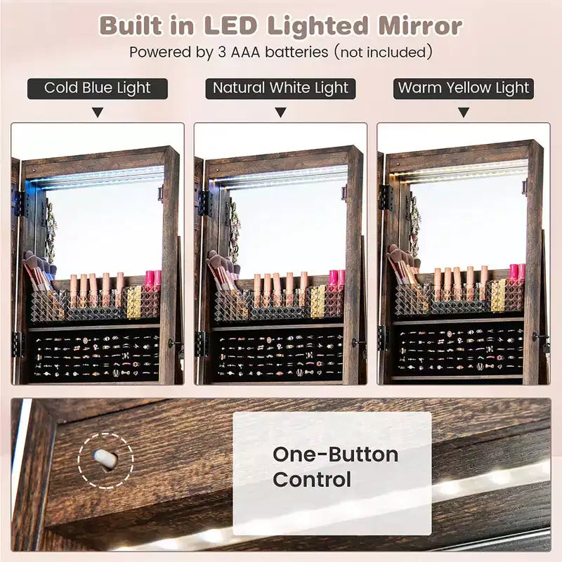 Armadietto portagioie con specchio e luci a LED da 64" con serratura