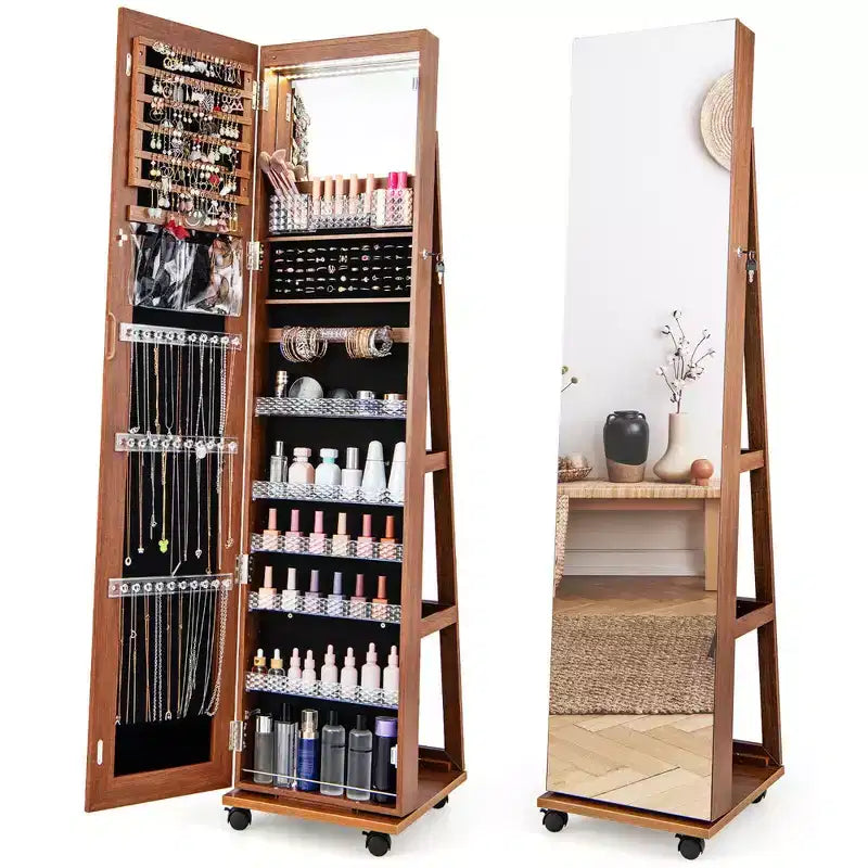 Costway 64 Jewelry Organizer Lockable Jewelry Cabinet Armoire w/ Mirror & LED Lights