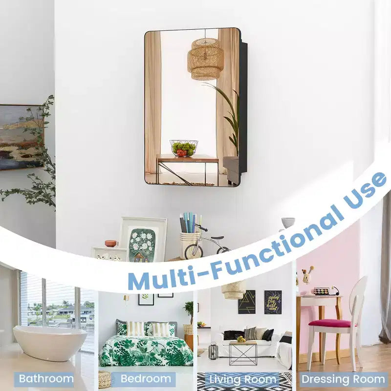Mobiletto specchio da bagno 50x75 cm con cornice in alluminio e ripiani regolabili