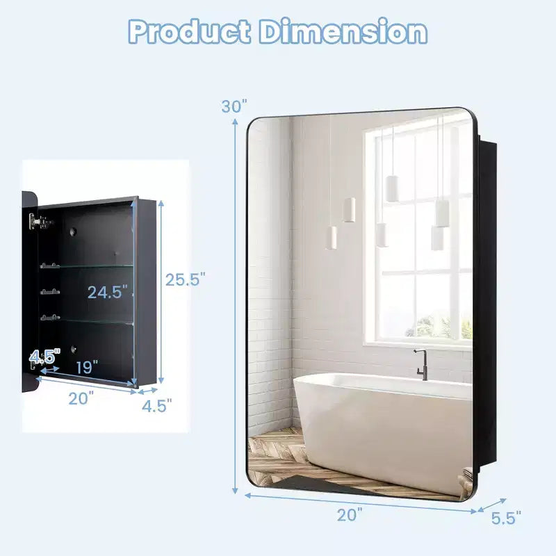 Mobiletto specchio da bagno 50x75 cm con cornice in alluminio e ripiani regolabili