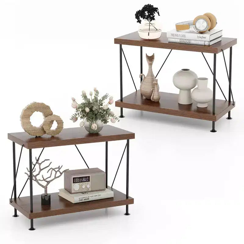 Costway 2PCS 2-Tier Multipurpose Display Rack Freestanding Bookshelf w/ Metal Frame Walnut