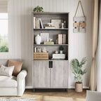 71in Tall Industrial Anti-tip Bookshelf with Metal Base & Handle, 5-Tier Farmhouse Wooden Bookcase with Adjustable Shelf for Living Room Office, Gray