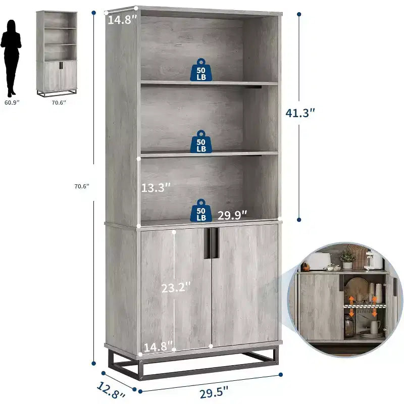 Libreria industriale da 180 cm con protezione antiribaltamento, base e maniglia in metallo, scaffale rustico a 5 ripiani in legno con ripiani regolabili per soggiorno e ufficio, grigio