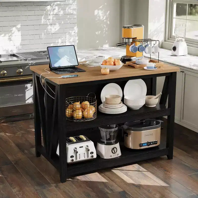 Mobile dispensa a isola V-Leg modello 02, Nero + Tonalità legno, con LED e presa, Mobile contenitore per postazione da cucina