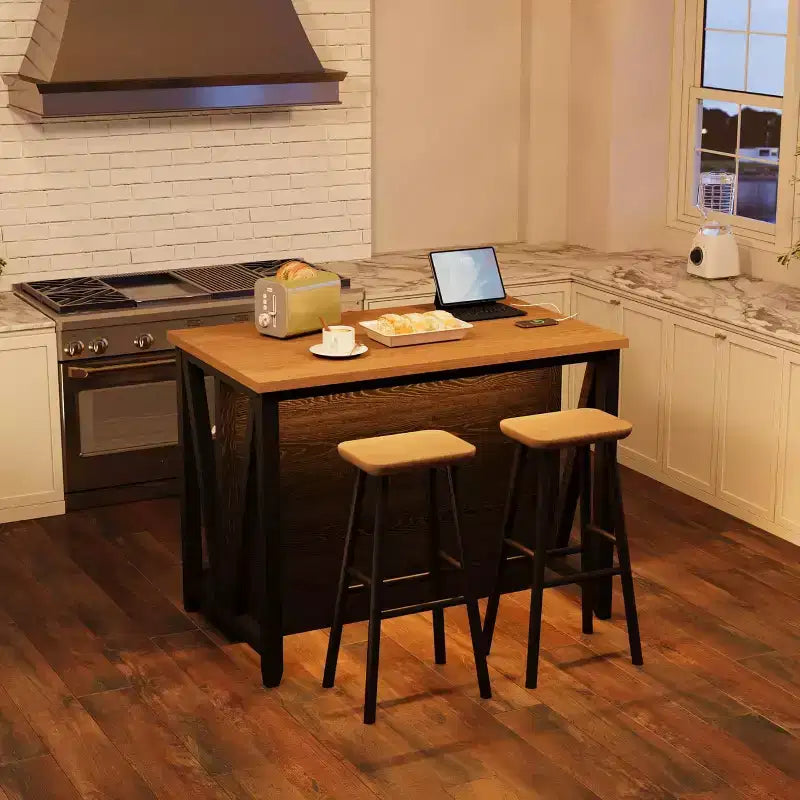 Mobile dispensa a isola V-Leg modello 02, Nero + Tonalità legno, con LED e presa, Mobile contenitore per postazione da cucina