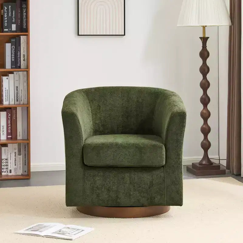 Poltrona girevole a 360° in velluto con base in legno, stile moderno