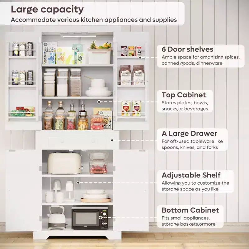 Dispensa alta 183 cm per cucina con ante, ripiani e luce con sensore di movimento