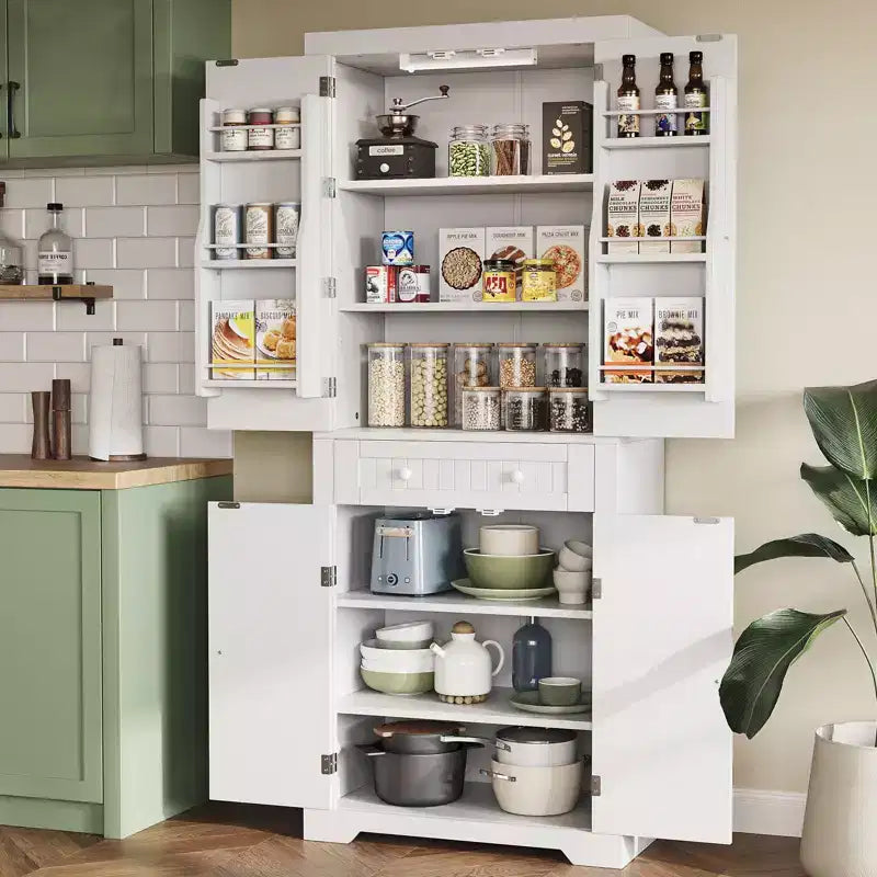 Dispensa alta 183 cm per cucina con ante, ripiani e luce con sensore di movimento
