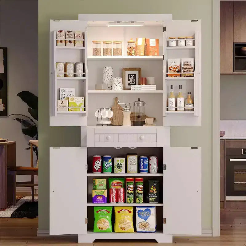 Dispensa alta 183 cm per cucina con ante, ripiani e luce con sensore di movimento