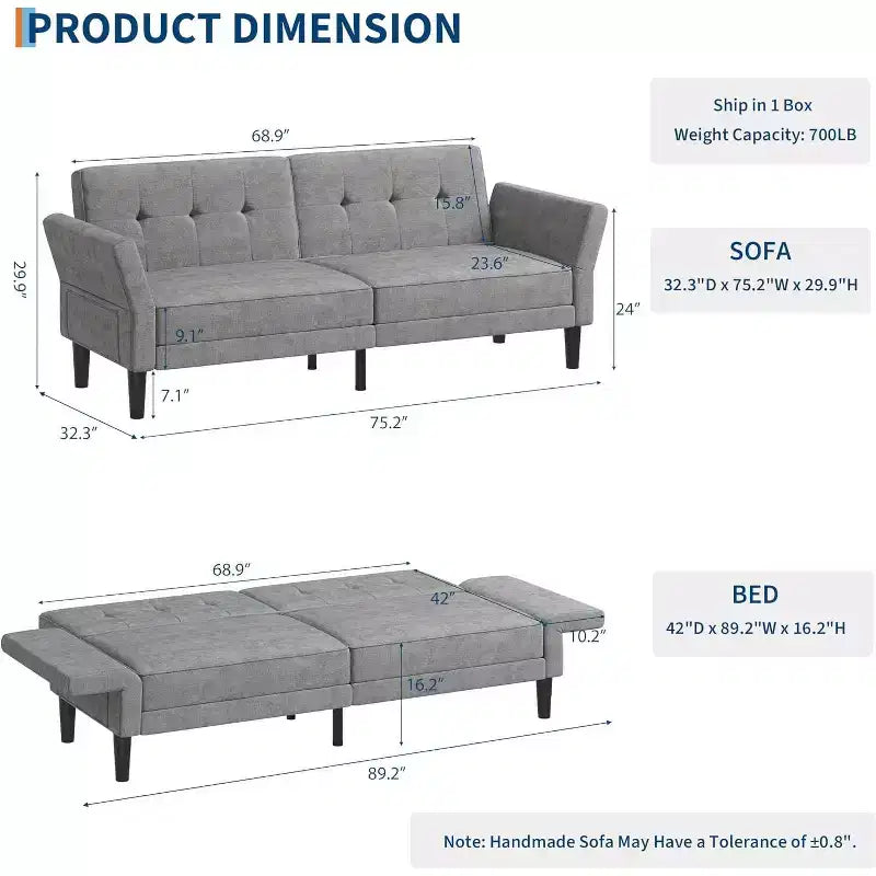 89 Futon divano letto, divano letto convertibile con schienale e braccioli regolabili, divano letto moderno a due posti per soggiorno, camera da letto, appartamenti