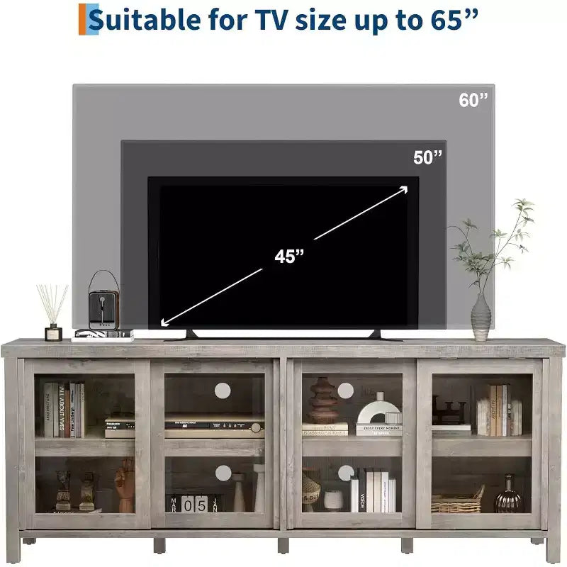 Mobile Porta TV da 65" con 4 Ante in Vetro e Armadietto per Soggiorno