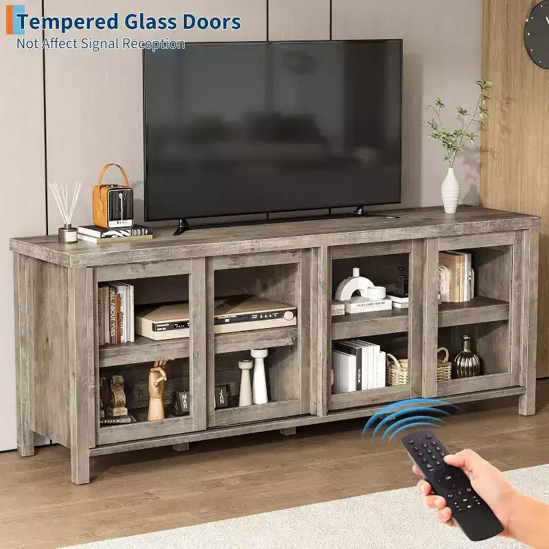Mobile Porta TV da 65" con 4 Ante in Vetro e Armadietto per Soggiorno