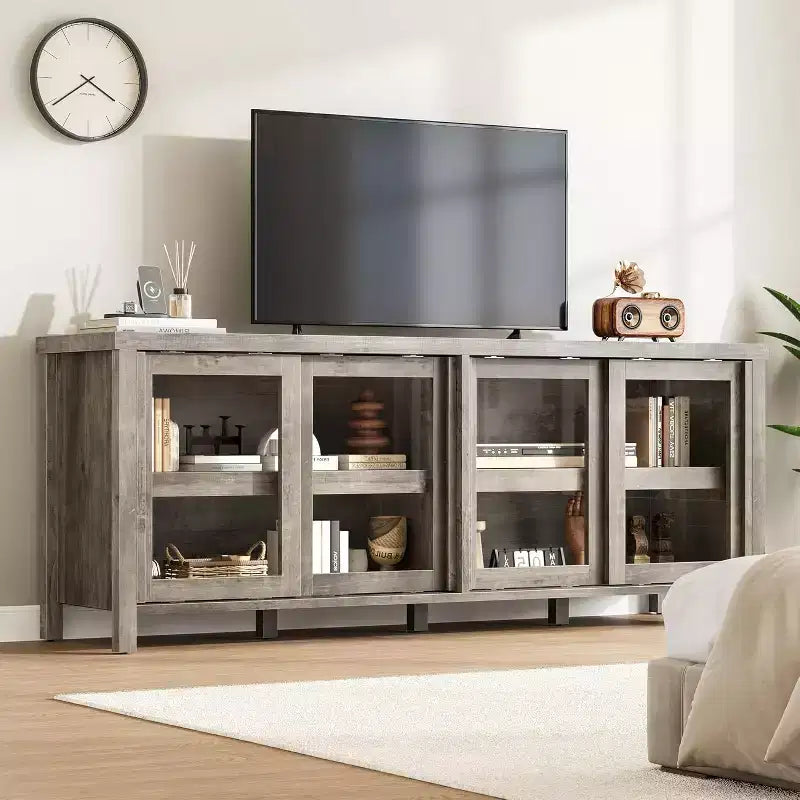 Mobile Porta TV da 65" con 4 Ante in Vetro e Armadietto per Soggiorno