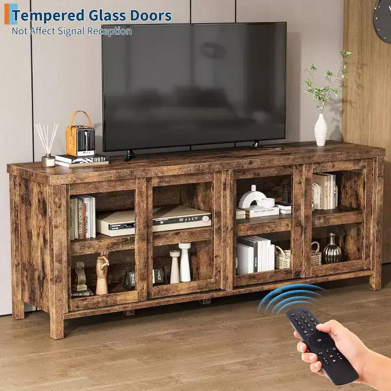 Mobile Porta TV da 65" con 4 Ante in Vetro e Armadietto per Soggiorno