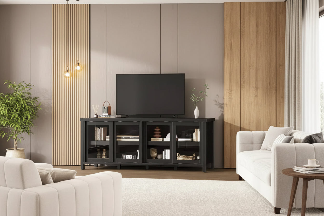 Acekool 65 Inch TV Stand, Entertainment Center with 4 Glass Doors, Storage Cabinet for Living Room