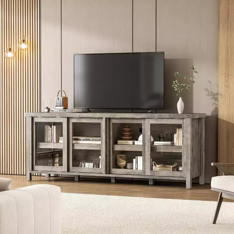 Mobile Porta TV da 65" con 4 Ante in Vetro e Armadietto per Soggiorno