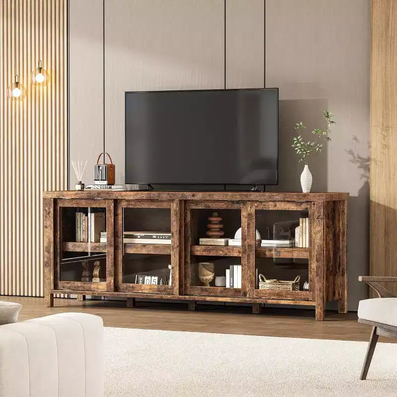 Mobile Porta TV da 65" con 4 Ante in Vetro e Armadietto per Soggiorno