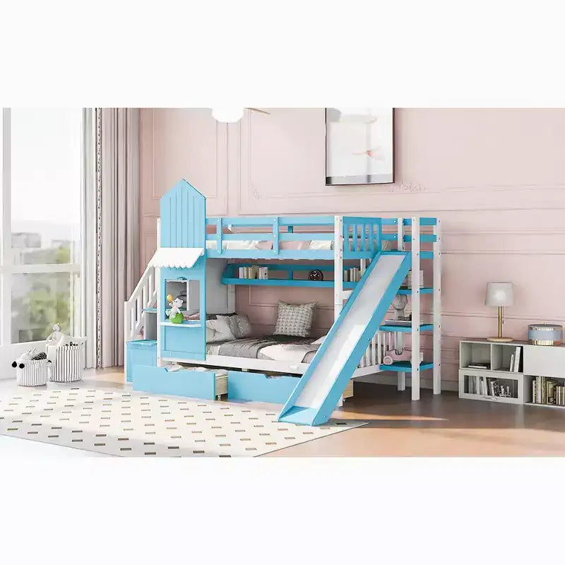 Letto a Castello "Castello" Twin Size con 2 Cassetti, 3 Ripiani e Scivolo, Letto Soppalco da Principessa per Bambini