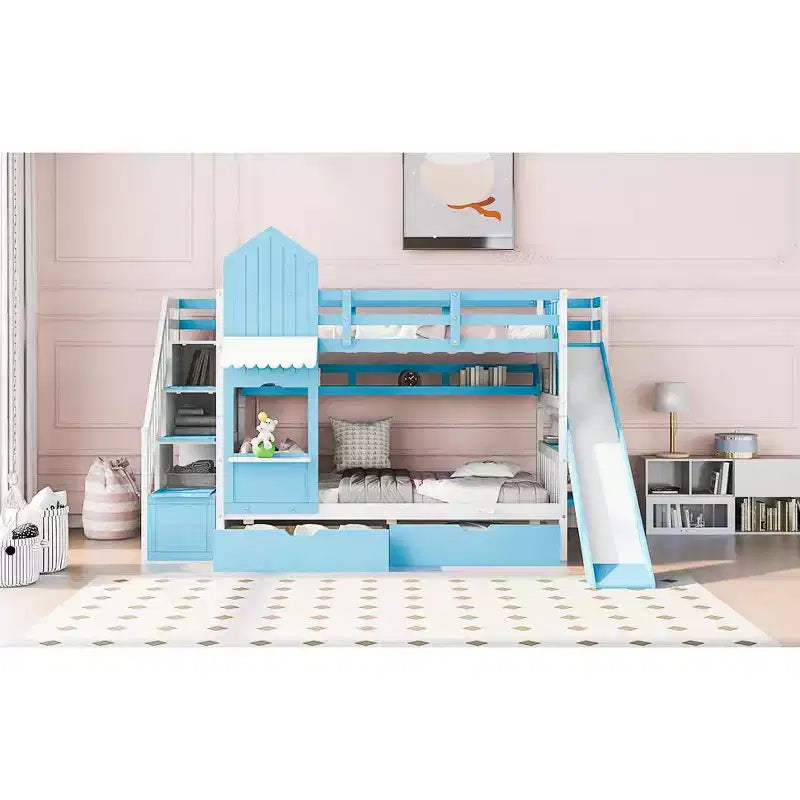 Letto a Castello "Castello" Twin Size con 2 Cassetti, 3 Ripiani e Scivolo, Letto Soppalco da Principessa per Bambini