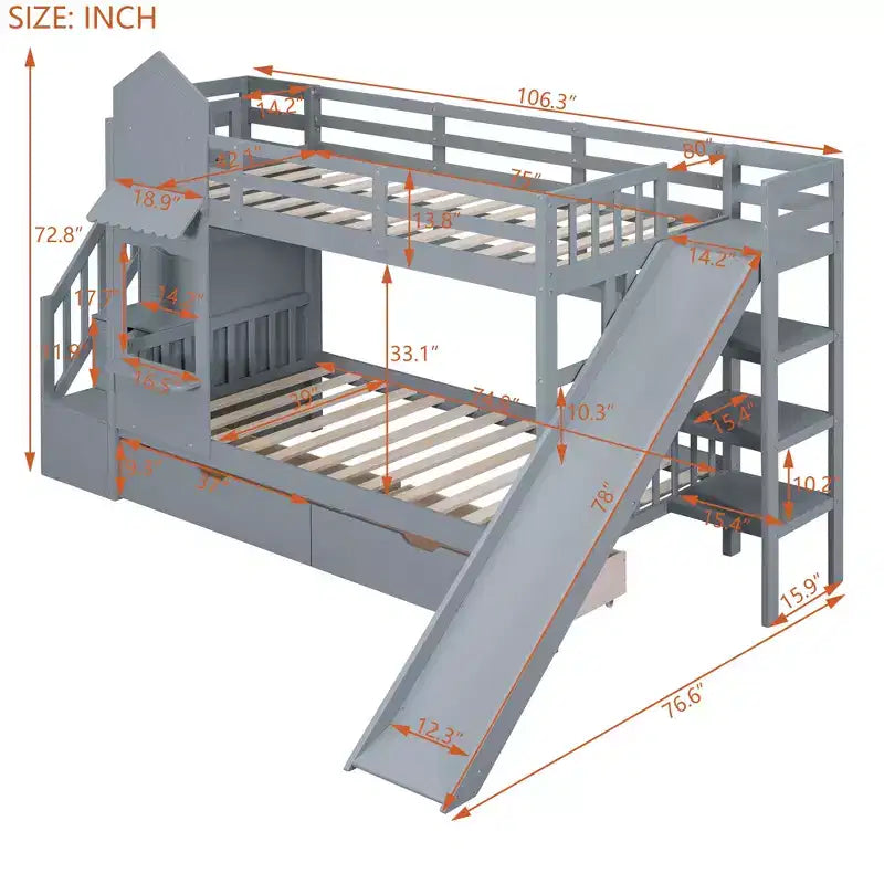 Letto a Castello "Castello" Twin Size con 2 Cassetti, 3 Ripiani e Scivolo, Letto Soppalco da Principessa per Bambini