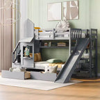 Letto a Castello "Castello" Twin Size con 2 Cassetti, 3 Ripiani e Scivolo, Letto Soppalco da Principessa per Bambini