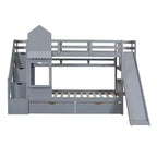 Letto a Castello "Castello" Twin Size con 2 Cassetti, 3 Ripiani e Scivolo, Letto Soppalco da Principessa per Bambini