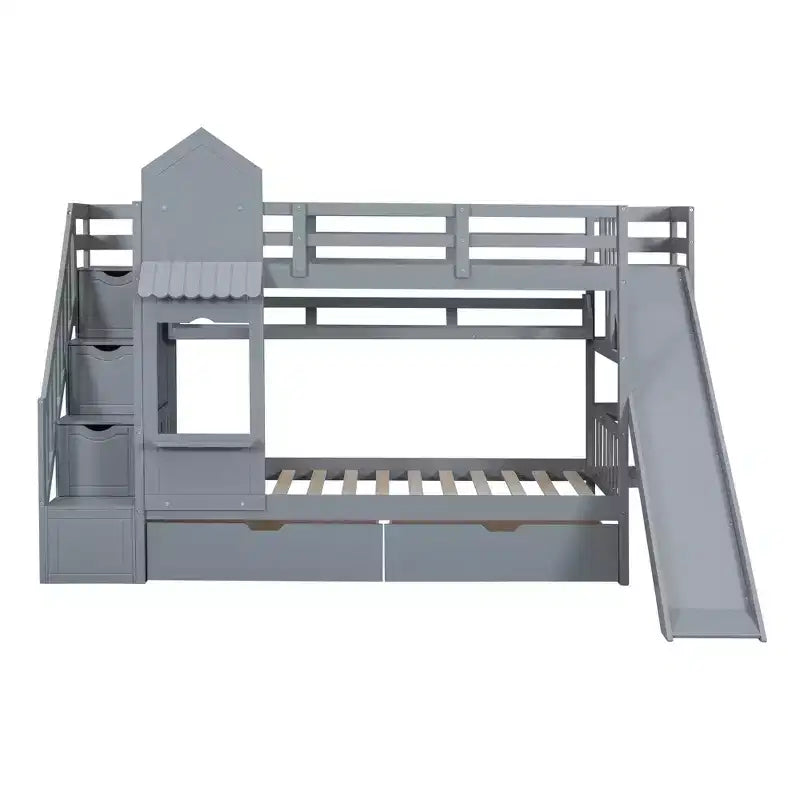Letto a Castello "Castello" Twin Size con 2 Cassetti, 3 Ripiani e Scivolo, Letto Soppalco da Principessa per Bambini