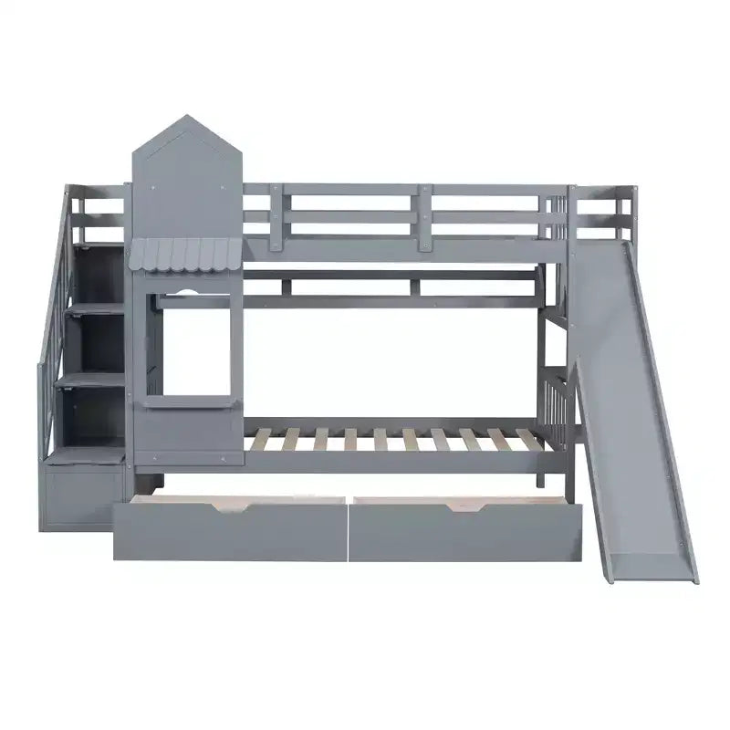 Letto a Castello "Castello" Twin Size con 2 Cassetti, 3 Ripiani e Scivolo, Letto Soppalco da Principessa per Bambini