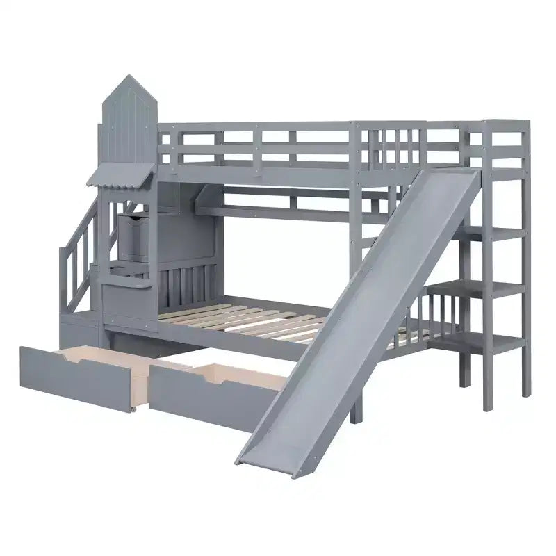 Letto a Castello "Castello" Twin Size con 2 Cassetti, 3 Ripiani e Scivolo, Letto Soppalco da Principessa per Bambini
