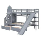 Letto a Castello "Castello" Twin Size con 2 Cassetti, 3 Ripiani e Scivolo, Letto Soppalco da Principessa per Bambini