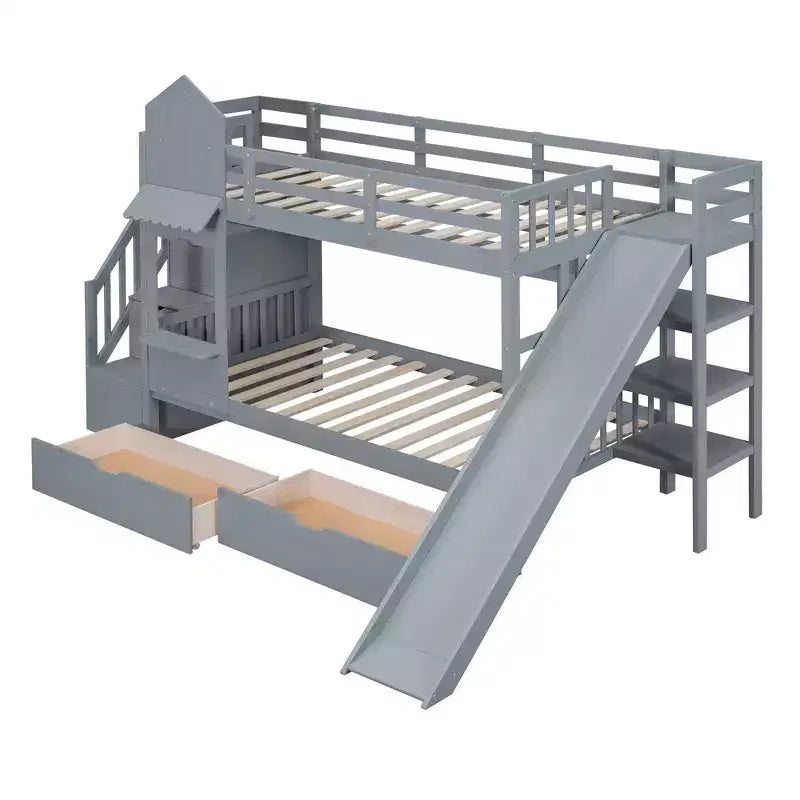 Letto a Castello "Castello" Twin Size con 2 Cassetti, 3 Ripiani e Scivolo, Letto Soppalco da Principessa per Bambini